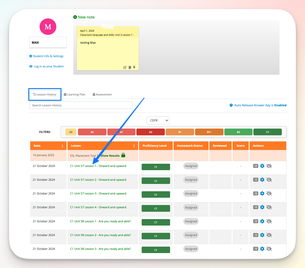 How can I locate the course lessons assigned to my students?